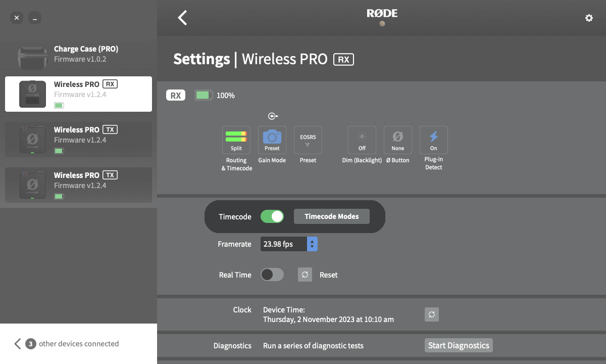 Wireless PRO timecode enabled via RØDE Central