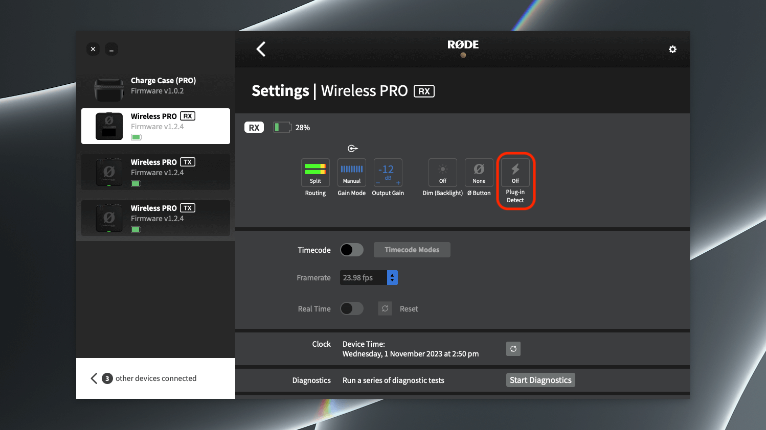 Wireless PRO Plug-in Detect feature in RØDE Central