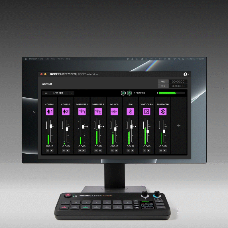 RØDECaster Video audio channels displayed on computer screen