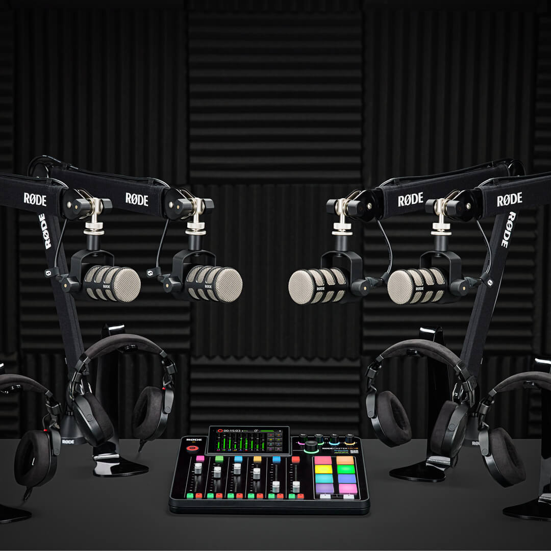 Four-person podcast with PodMics, PSA1+s, RØDECaster Pro II and NTH-100s