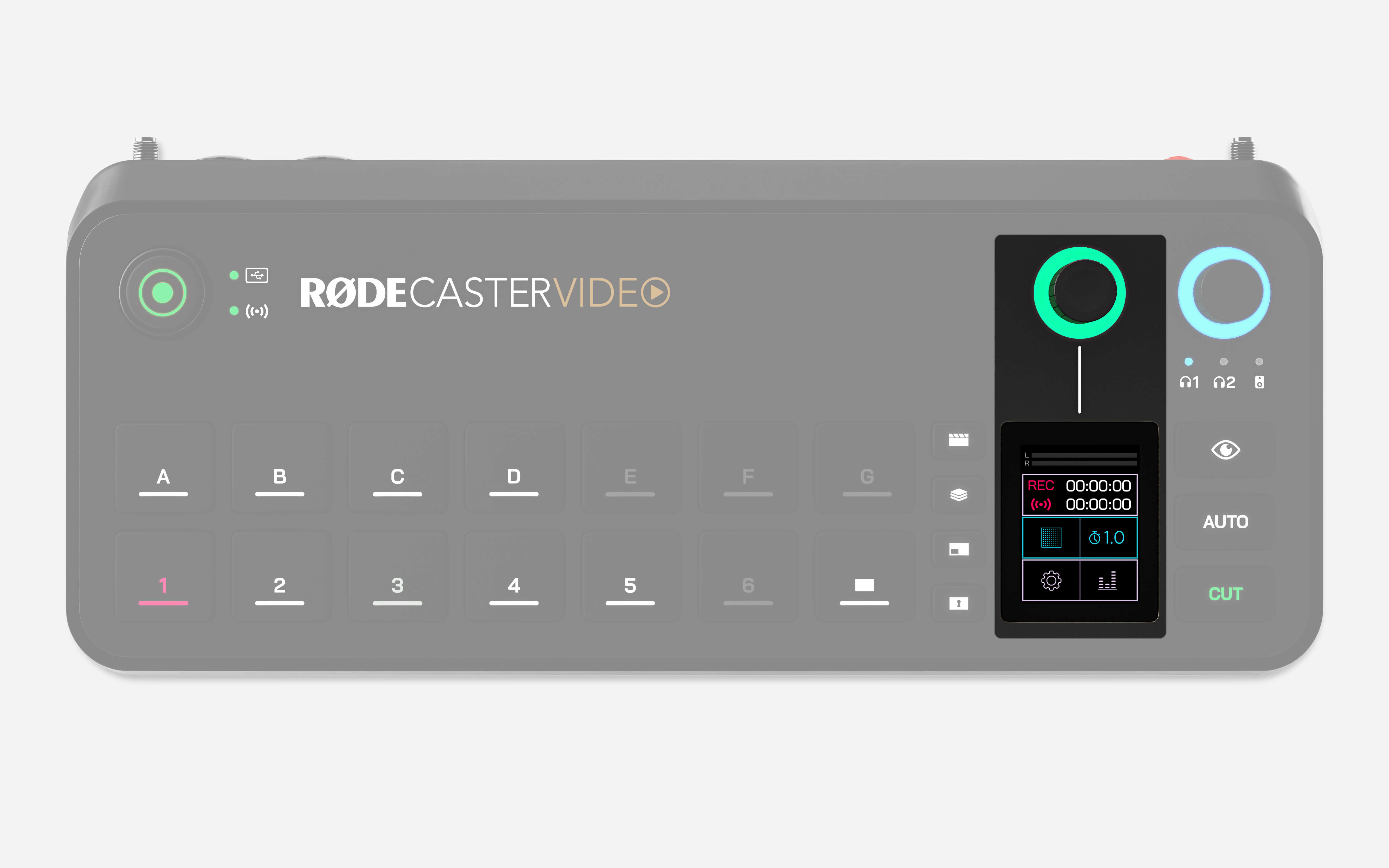 RØDECaster Video transition timing interface with touchscreen and encoder