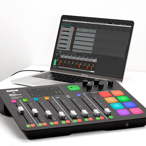 RØDECaster Pro connected via USB cable to a Macbook Pro with Reaper open recording multitrack audio