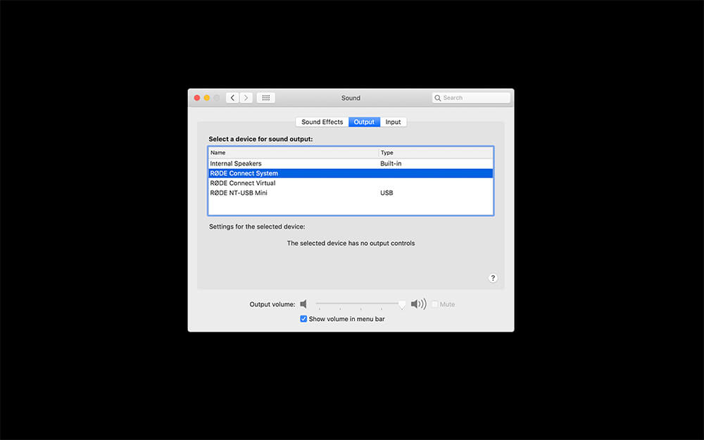 Mac output settings with RØDE Connect selected