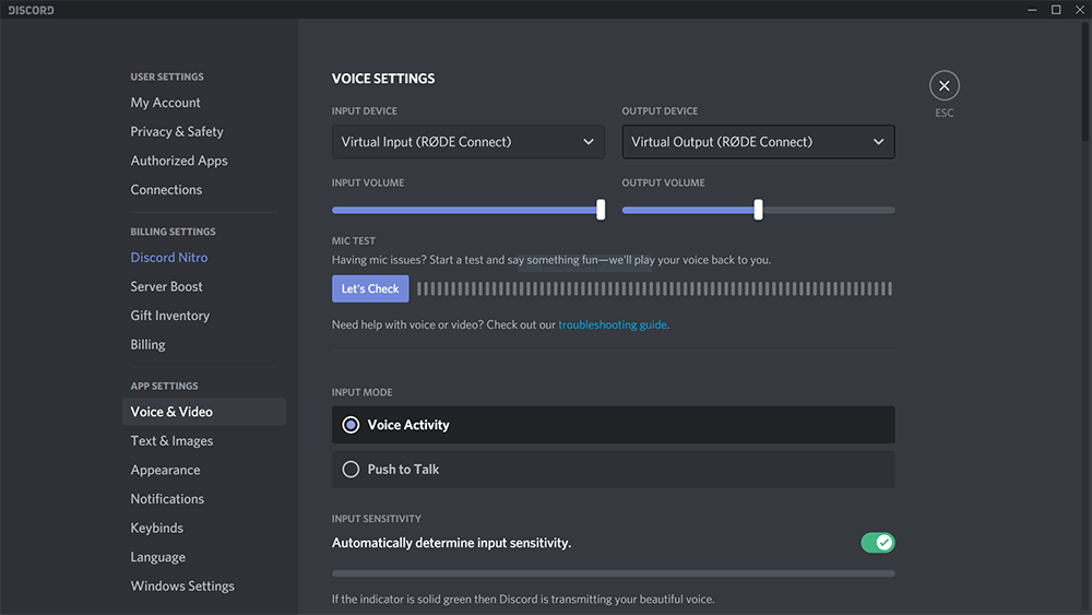 Discord audio settings with RØDE Connect Virtual selected