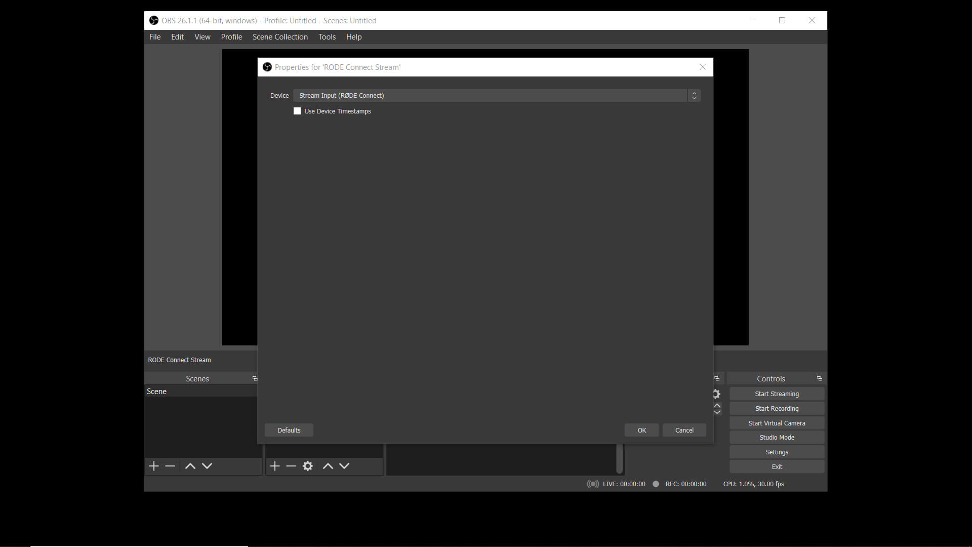 OBS settings with RØDE Connect selected