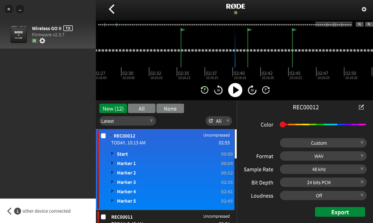 RØDE Central playback and export settings
