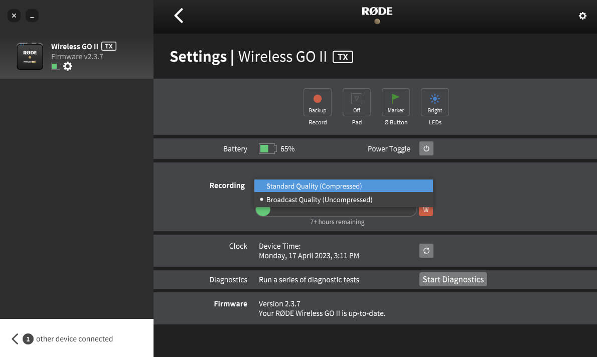 RØDE Central showing compressed and uncompressed recording settings