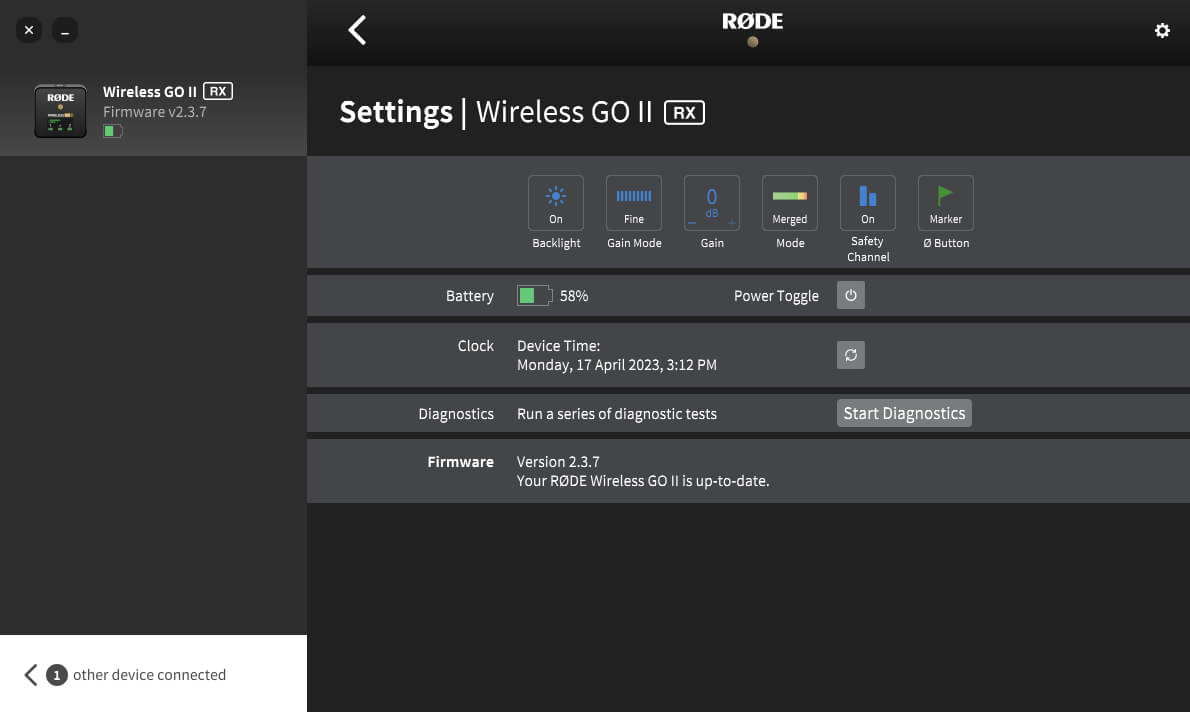 RØDE Central showing Wireless GO II safety channel enabled