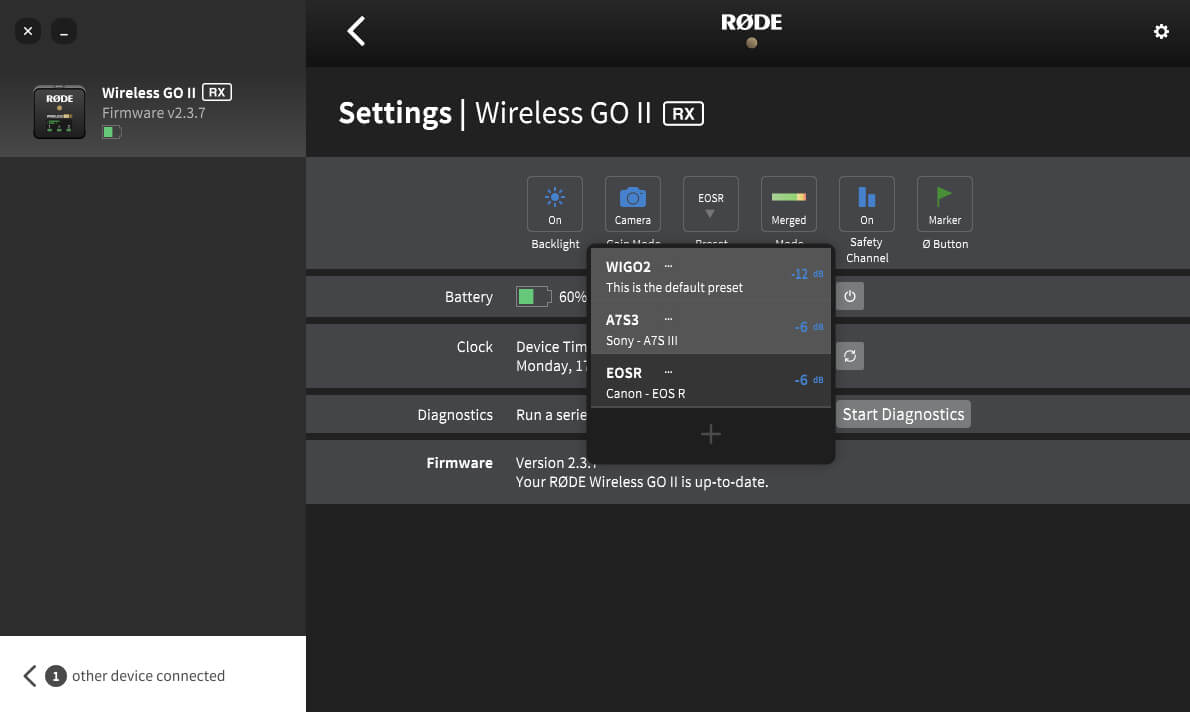 Wireless GO II camera preset settings on RØDE Central