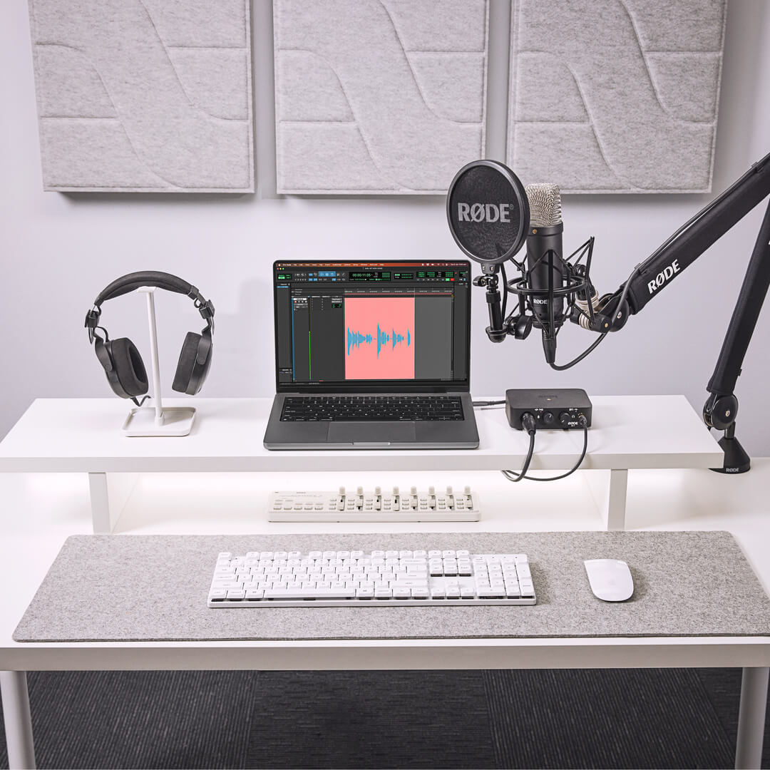 Desk setup with RODE NT1 Signature Series, PSA1+, AI-1, NTH-100